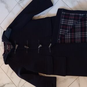 Burberry Blue Label Duffle Coat Nova Check Navy Gray Red 100% Melton Wool Small